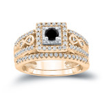 Custom-Made Yaffie ™ Black Diamond Cluster Bridal Ring Set, 3/5ct TDW Round