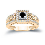 Yaffie ™ Bespoke 3/5ct Round Black Diamond Engagement Ring with Cluster Design