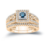 Blue Diamond Cluster Bridal Ring Set with 3/5ct TDW by Yaffie