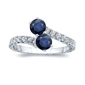 Sparkling Love 2-Stone 4-Prong Engagement Ring with 1 1/2ct Blue Sapphire and 1/2ct TDW Diamond in Yaffie Gold