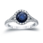 1.5ct Blue Sapphire & .5ct TDW Diamond Halo Engagement Ring - Yaffie Gold
