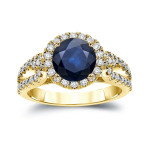 Gold Halo Engagement Ring with Blue Sapphire and Diamond Sparkle (1.5ct/0.8ct)