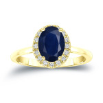 Blue Sapphire & Diamond Halo Engagement Ring - Yaffie Gold, 1 1/2ct Oval & 1/8ct TDW