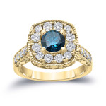 Blue Round Diamond Halo Engagement Ring - Yaffie Gold, 1.5ct Total Diamond Weight