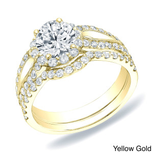 Certified Round Diamond Halo Engagement Bridal Set with 1 1/2ct TDW - Yaffie Gold