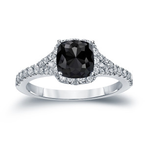 Custom Yaffie ™ Black Diamond Halo Engagement Ring with Cushion-Cut 1 1/2ct TDW Gold Sparkle