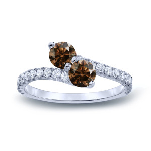 Stunning Yaffie Gold Engagement Ring with Two Round-cut Brown Diamonds totaling 1 1/2ct, Held Securely by 3-Prongs.