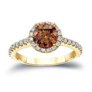 Gold 1 1/3ct TDW Round Cut Brown Diamond Halo Engagement Ring - Custom Made By Yaffie™