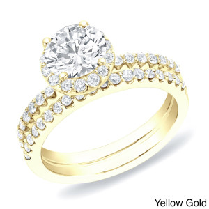 Certified Round Diamond Halo Bridal Ring Set - Yaffie Gold, 1.25 ct TDW