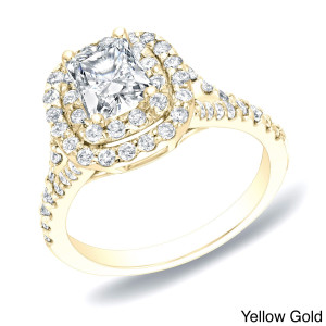 Gold Cushion Diamond Ring with Double Halo by Yaffie - 1 1/4ct Total Diamond Weight