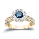 Blue and White Diamond Halo Engagement Ring with Yaffie Gold 1 3/4ct TDW