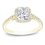 Certified Cushion Diamond Halo Engagement Ring - Yaffie Gold, 1.75ct Total Diamond Weight
