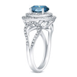Double Halo Blue Diamond Engagement Ring with 1 3/4ct TDW by Yaffie Gold