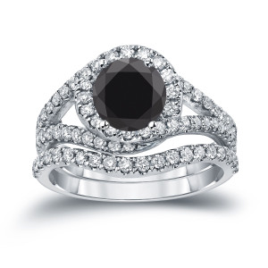 Custom Yaffie ™ Black Diamond Bridal Set with 1.875ct Round Cut Sparkle and Halo Finish.