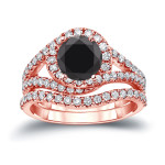 Custom Yaffie ™ Black Diamond Bridal Set with 1.875ct Round Cut Sparkle and Halo Finish.