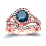 Sparkling Yaffie Gold Blue Diamond Halo Bridal Ring Set with 1.875ct TDW Round Cut
