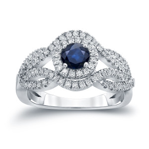 Blue Sapphire and Diamond Engagement Ring with Yaffie Gold Cluster of Sparkle