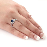 Golden Yaffie Ring with Blue Sapphire and Round Diamond Halo (1/2ct each) for Engagement