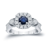 Golden Yaffie Ring with Blue Sapphire and Round Diamond Halo (1/2ct each) for Engagement