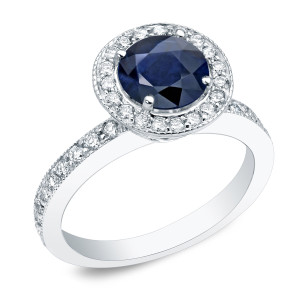 Blue Sapphire and Diamonds Engagement Ring with Yaffie Gold (1/2 CT)