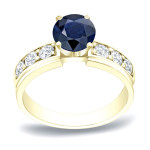 Blue Sapphire & Round Diamond Engagement Ring with Yaffie Gold 0.5ct Each.
