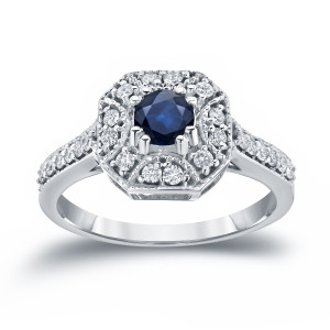 Gold and Diamond Cluster Engagement Ring with Blue Sapphire Accentuating 1/2ct and 1/3ct TDW respectively by Yaffie
