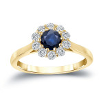 Blue Sapphire and Round Diamond Engagement Ring with Halo Setting in Yaffie Gold