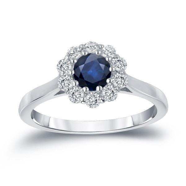 Blue Sapphire and Round Diamond Engagement Ring with Halo Setting in Yaffie Gold
