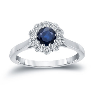 Blue Sapphire and Diamond Halo Engagement Ring