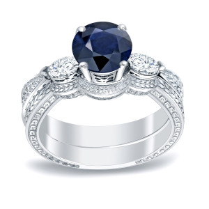 Blue Sapphire and Round Diamond Engagement Ring with 1/2ct and 1/3ct TDW in Yaffie Gold