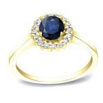 Sparkling Yaffie Gold Engagement Ring with Blue Sapphire and Round Diamond Halo