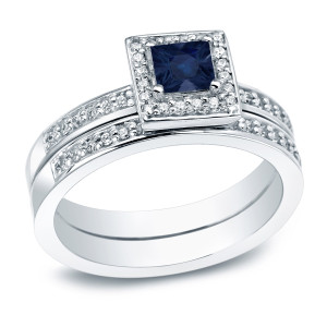 Gold 1/2ct Blue Sapphire and 1ct TDW Halo Engagement Ring - Custom Made By Yaffie™