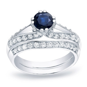 Gold Bridal Ring Set with 1/2ct Blue Sapphire & 3/4ct Total Diamond Weight