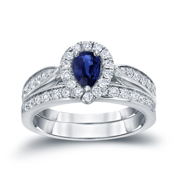Blue Sapphire and Diamond Bridal Ring Set with Yaffie Gold - 1/2ct Pear Shaped Glamour