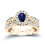 Blue Sapphire and Diamond Bridal Ring Set with Yaffie Gold - 1/2ct Pear Shaped Glamour