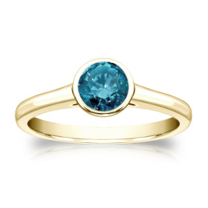Gold 1/2ct TDW Round Blue Diamond Solitaire Bezel Ring - Custom Made By Yaffie™