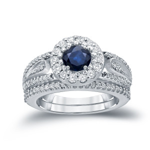 Gold Bridal Ring Set with Blue Sapphire and Diamond Cluster (1/4 ct & 1/2 ct TDW) by Yaffie.