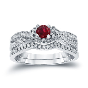 Gold 1/4ct Ruby and 1/4ct TDW Diamond Braided Bridal Ring Set - Custom Made By Yaffie™