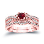 Braided Bridal Ring Set: Yaffie Gold with 1/4ct Ruby and Sparkling 1/4ct TDW Diamonds