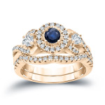 Braided Bridal Ring Set with Blue Sapphire and Sparkling Diamonds, by Yaffie Gold