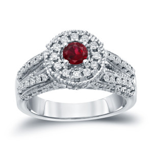 Golden Yaffie 1/5ct Ruby and 1/2ct TDW Round Diamond Halo Ring for Engagements