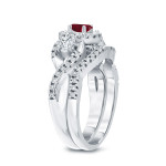 Gold and Diamond Braided Bridal Ring Set with Ruby Accent