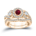 Gold and Diamond Braided Bridal Ring Set with Ruby Accent