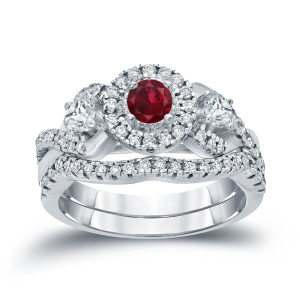 Gold 1/5ct Ruby and 3/5ct TDW Diamond Braided Bridal Ring Set - Custom Made By Yaffie™
