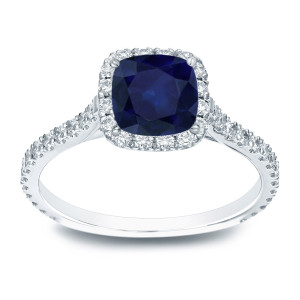 Gold Yaffie Engagement Ring with Blue Sapphire and Cushion Diamonds (1ct & 1/2ct TDW)