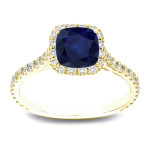 Gold Yaffie Engagement Ring with Blue Sapphire and Cushion Diamonds (1ct & 1/2ct TDW)
