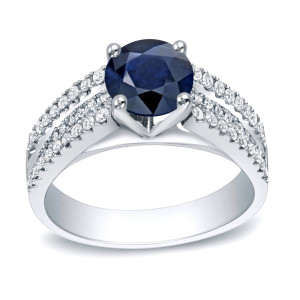 Gold Ring with Blue Sapphire and Round Diamond Totaling 1.5ct for Engagement by Yaffie