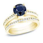 1ct Blue Sapphire and 1ct TDW Round Diamond Bridal Set with Yaffie Gold