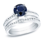 1ct Blue Sapphire and 1ct TDW Round Diamond Bridal Set with Yaffie Gold