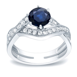 Gold 1ct Blue Sapphire & 3/4ct TDW Round Diamond Engagement Ring by Yaffie